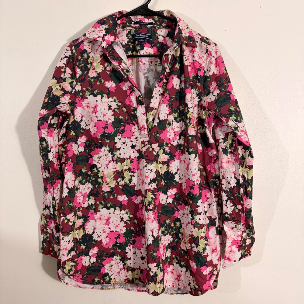 Lands End Floral Popover Blouse Womens 4 Burgundy Pink No Iron Supima Cotton
